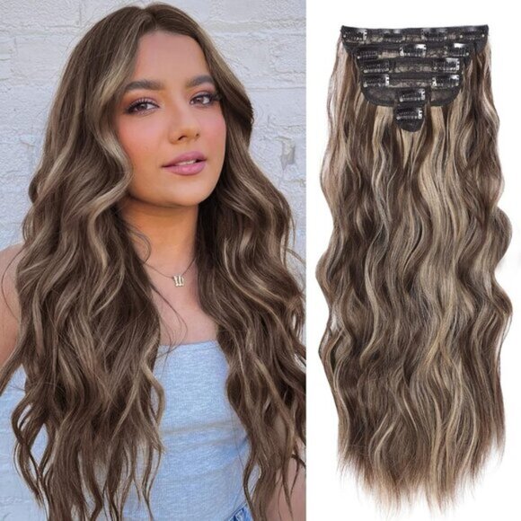New 6PCS 20" Wavy Curly Dark Brown Mix Blonde Clip-In Hair Extensions for Women